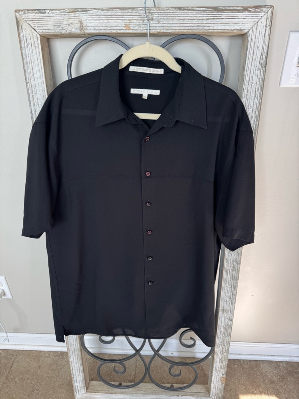 Perry Ellis Black Short Sleeve Button Up Shirt Mens L Lightweight Textured